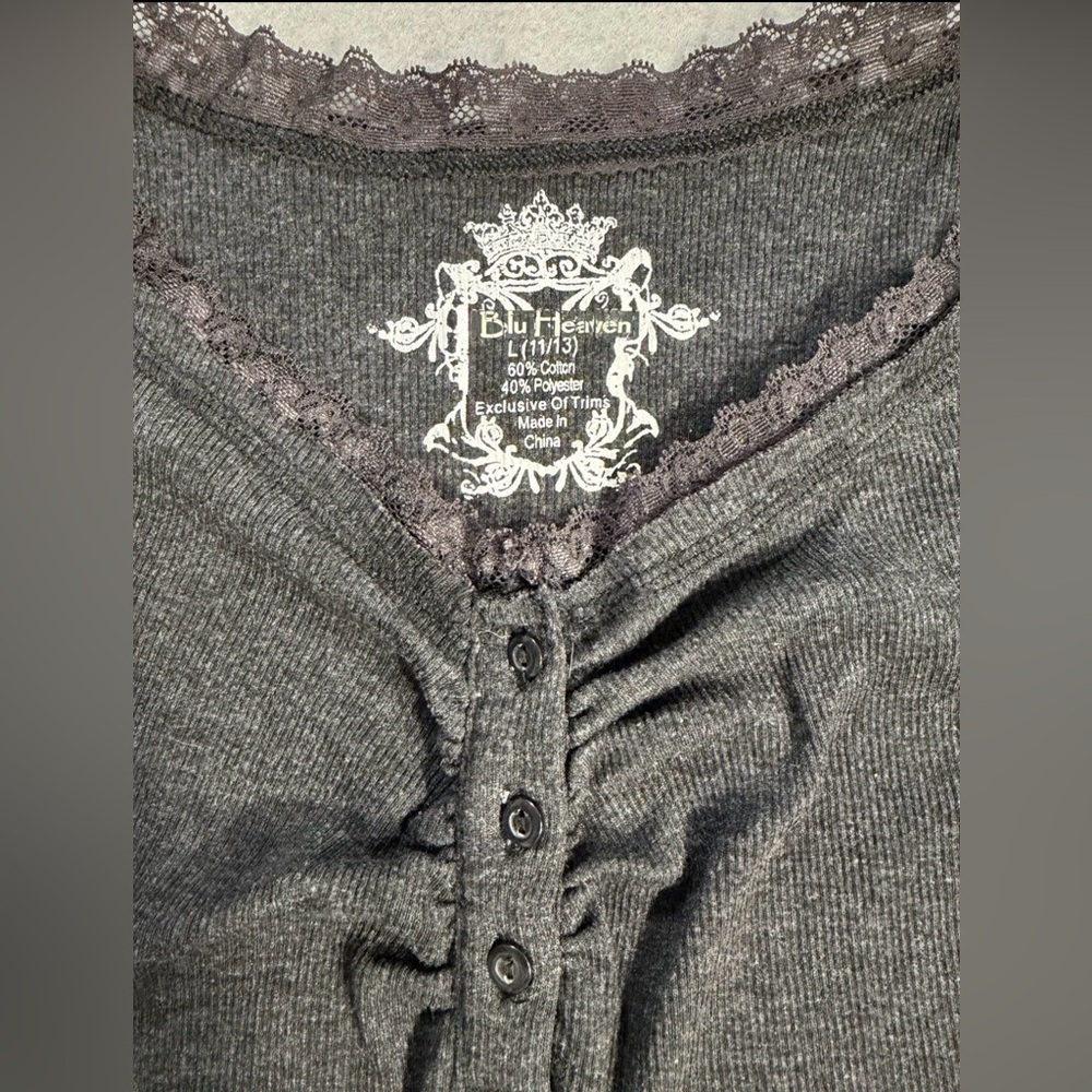 Y2K Style Women's Short Sleeve Henley Top in Black Soot w/Lace Trim - Picture 2 of 7